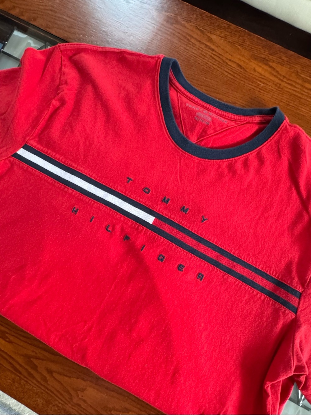Y2K Vintage Tommy Hilfiger Red Tee with Navy & White Chest Stripes